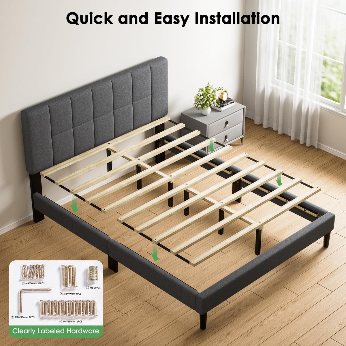 Queen Size Dark Gray Upholstered Bed Frame L133