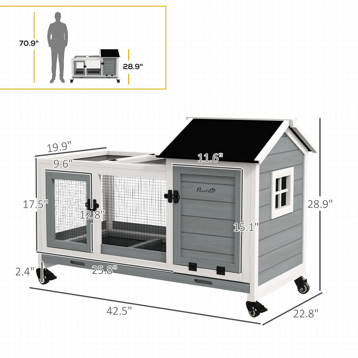 Wooden Rabbit Hutch with Wheels E875