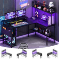 L Shaped Gaming Desk with Power Outlets & LED Lights, Black W33083