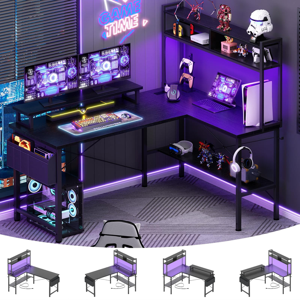 L Shaped Gaming Desk with Power Outlets & LED Lights, Black W33083