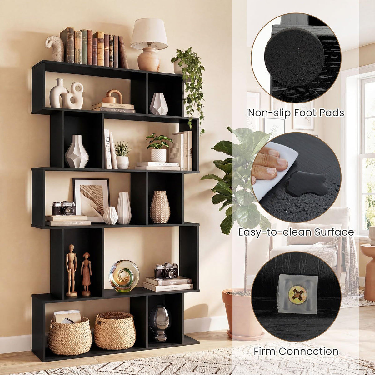 5-Tier 10-Cube Black Bookshelf I48843