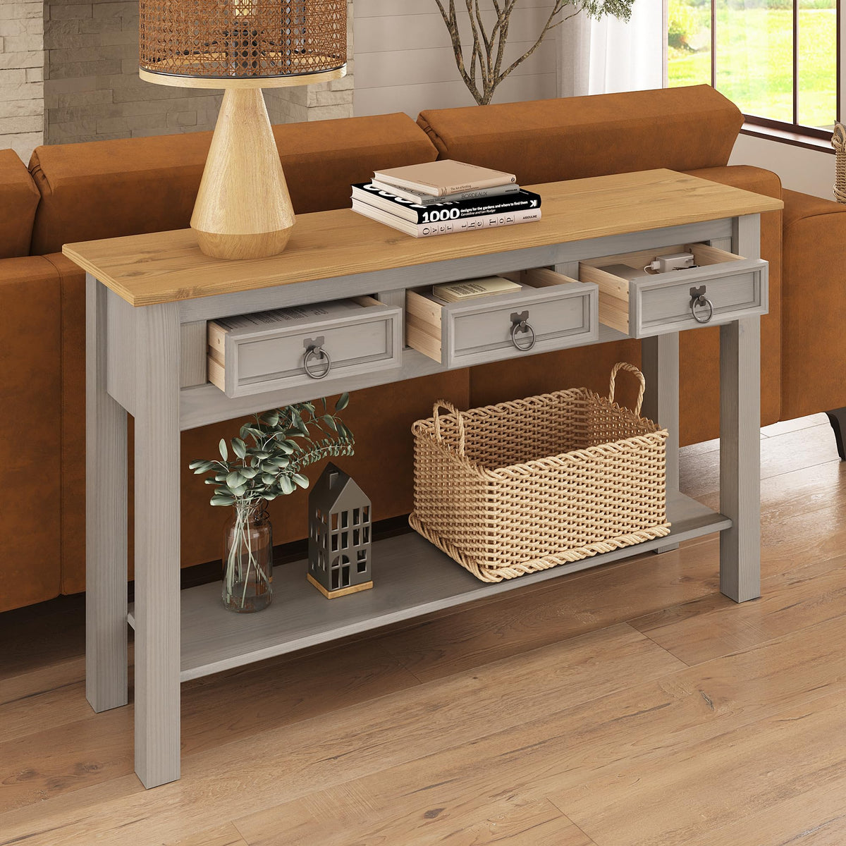 Solid Wood Console Table with 3 Drawers C223947