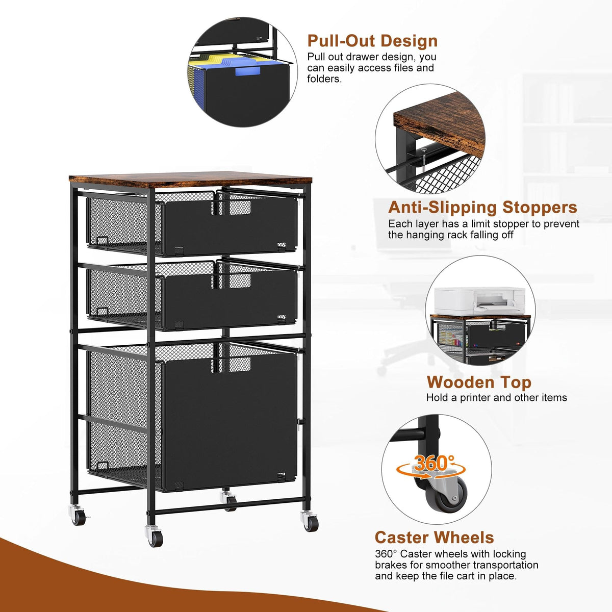 Black 3 Drawer Rolling File Cabinet with Printer Stand F806