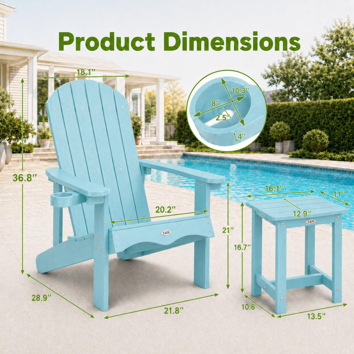 Light Blue HDPE Adirondack Chair Set of 2 with Side Table A2088