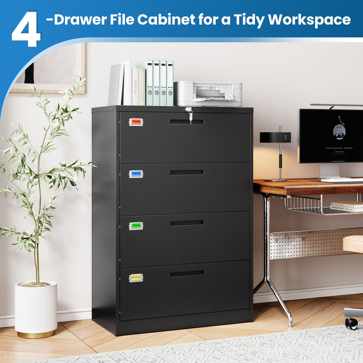 4 Drawer File Cabinet with Lock, Black P65262
