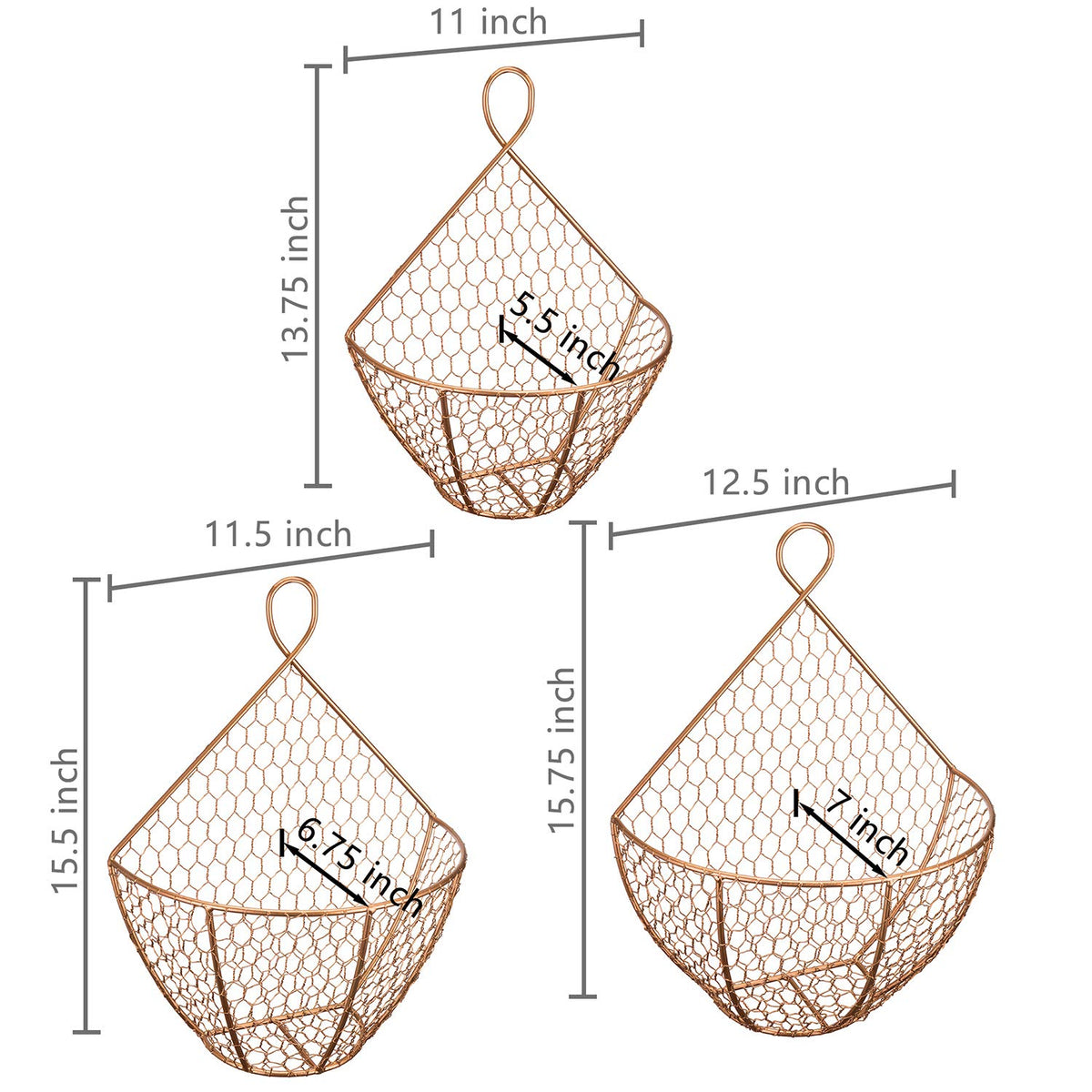 Set of 3 Copper Metal Wire Mesh Wall Hanging Baskets J30456