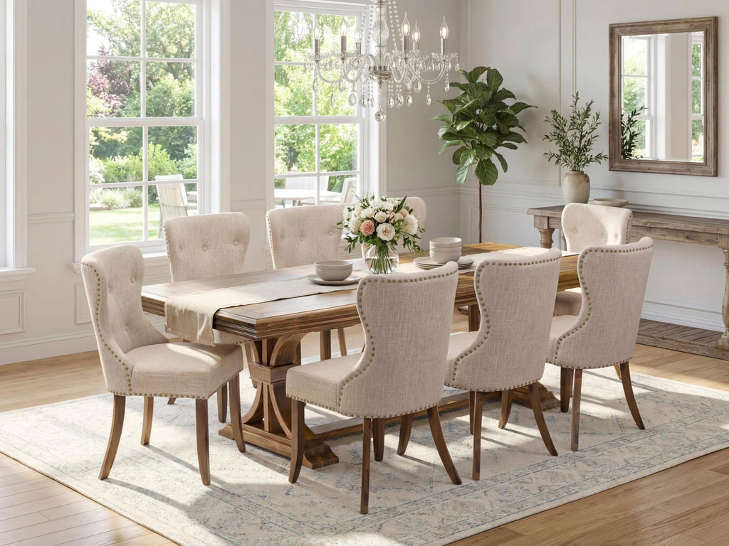 9-piece Dining Table Set with 8 Light Tan Linen Fabric Chairs A49194