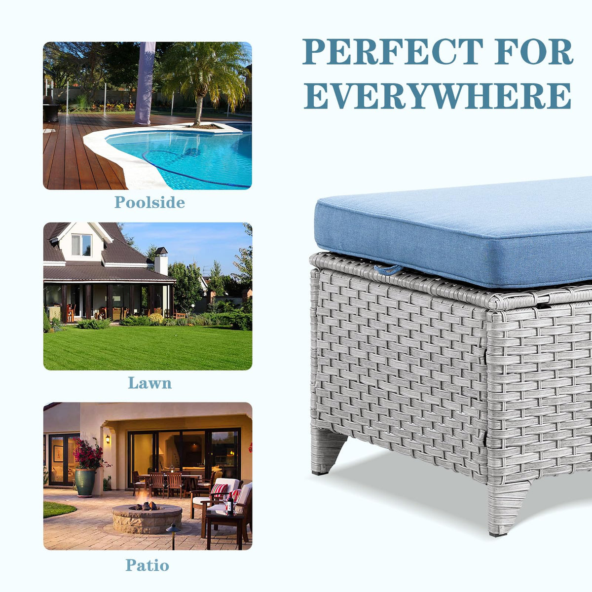 Wicker Outdoor Ottomans Set of 2 Handwoven Rattan Footstools with Removable Cushions Y772