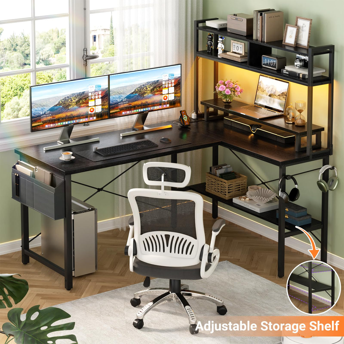 L Shaped Gaming Desk with Power Outlets & LED Lights, Black W33083