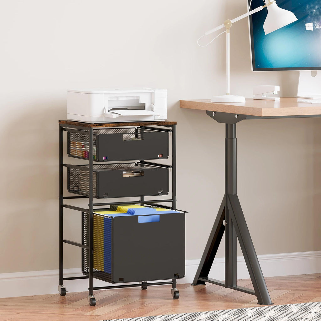 Black 3 Drawer Rolling File Cabinet with Printer Stand F806