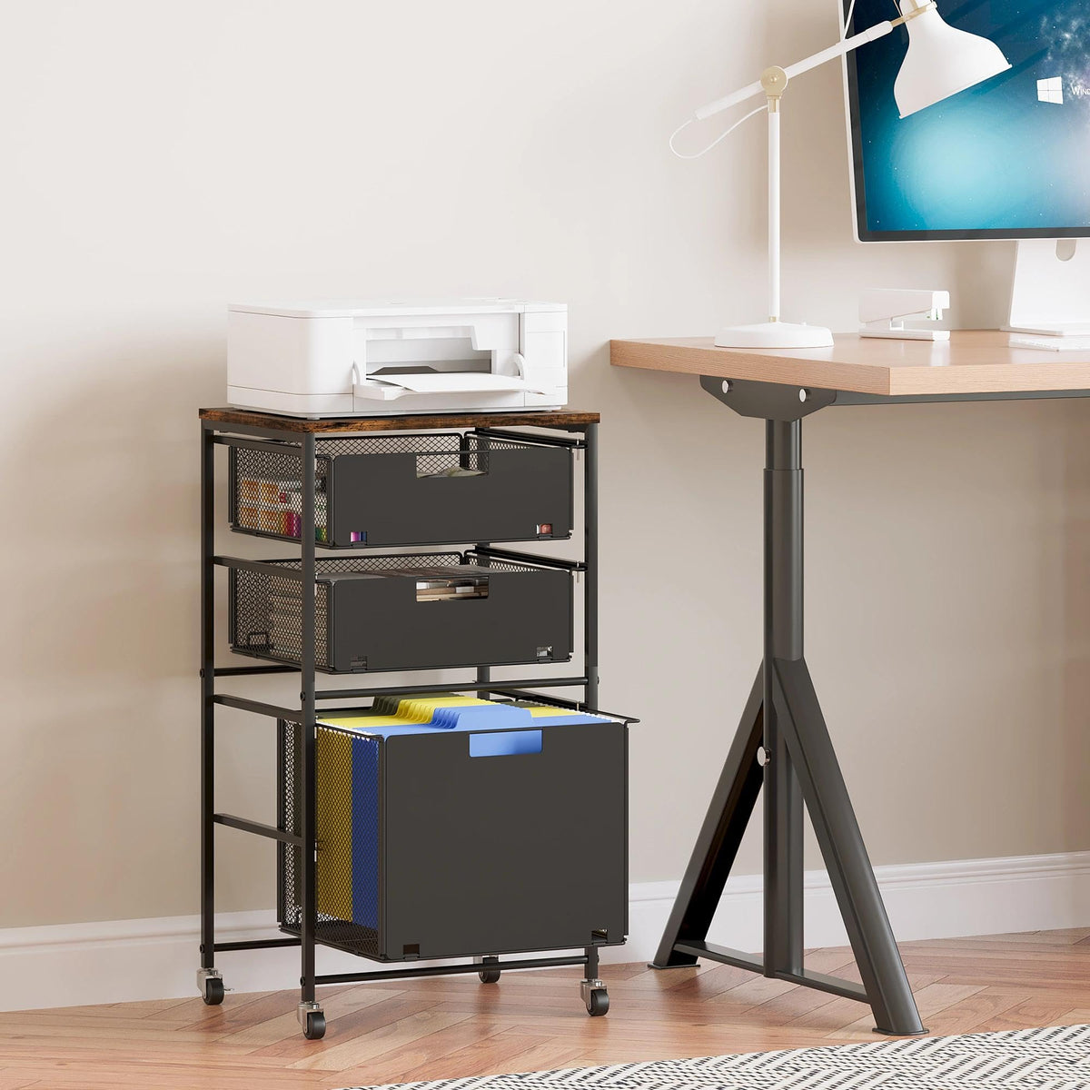 Black 3 Drawer Rolling File Cabinet with Printer Stand F806