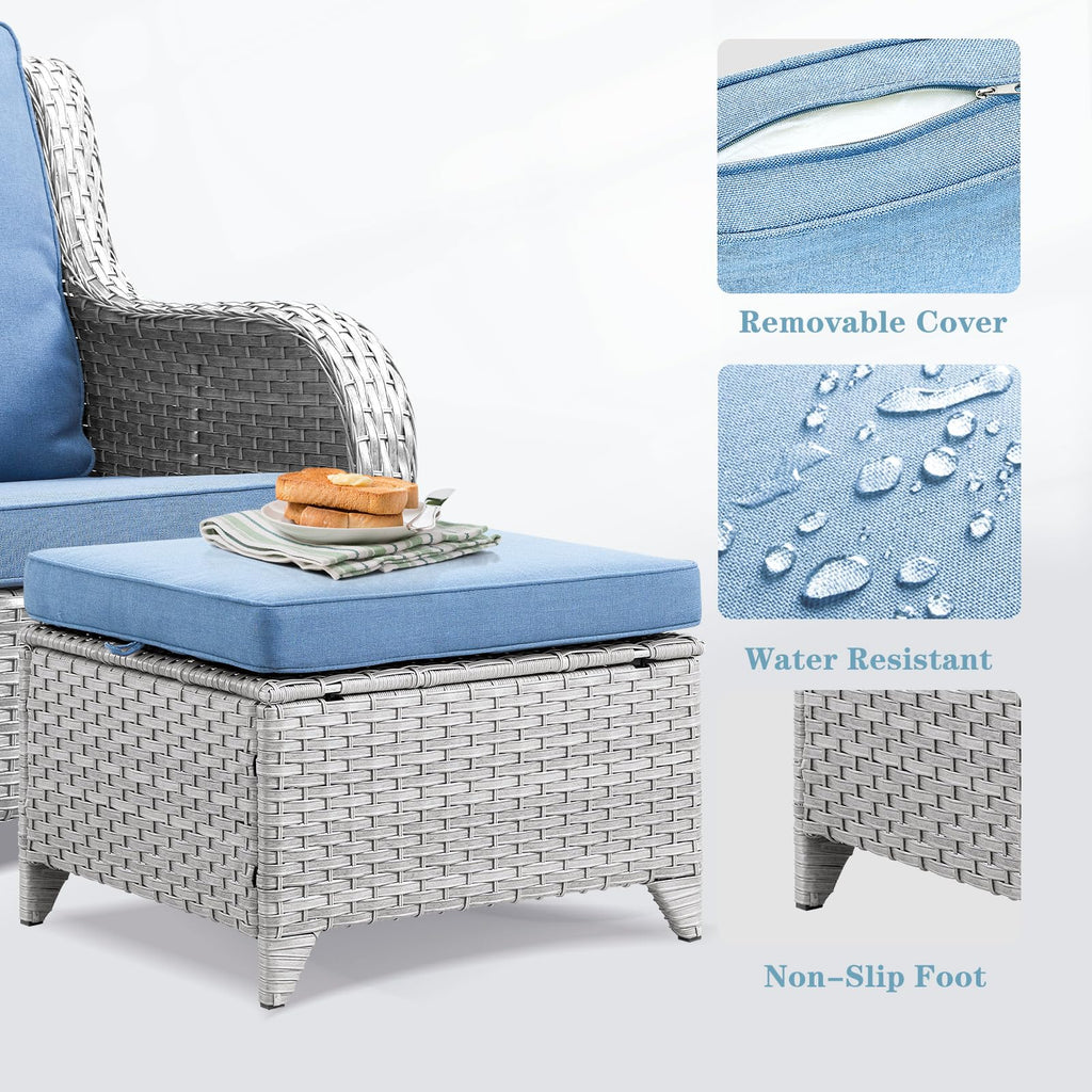 Wicker Outdoor Ottomans Set of 2 Handwoven Rattan Footstools with Removable Cushions Y772