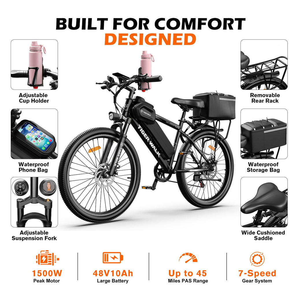 26" All-Terrain Electric Bike, 48V 10Ah Removable Battery, 7-Speed O26451