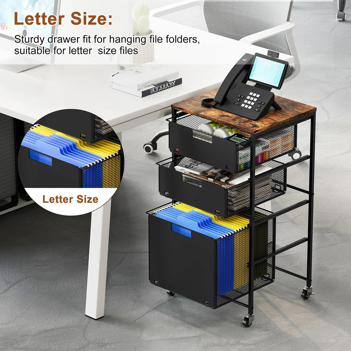 Black 3 Drawer Rolling File Cabinet with Printer Stand F806