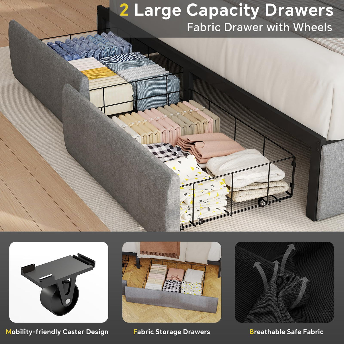 Queen Size Grey Bed Frame with 2 Storage Drawer C317