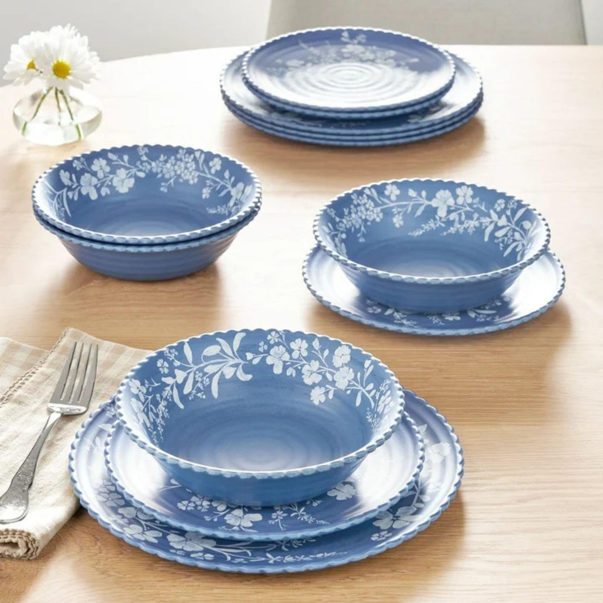 12-Piece Bamboo Melamine Dinnerware Set, Service for 4, Blue O3785
