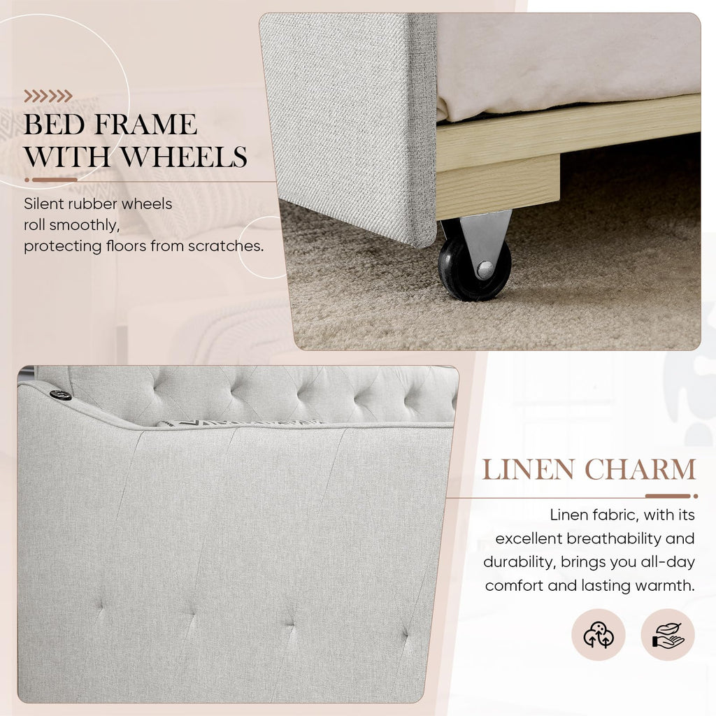 Beige Fabric Upholstered Twin Size Daybed with Pop up Trundle F323706