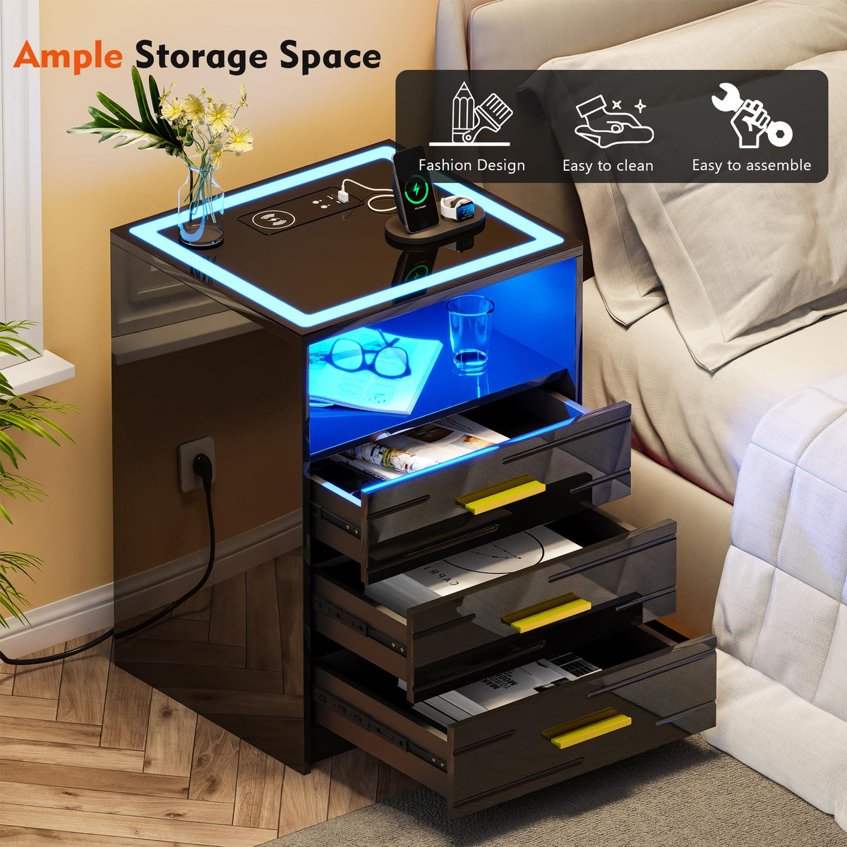 Black Glass Top 3 Drawer Nightstand with Wireless Charging S43133