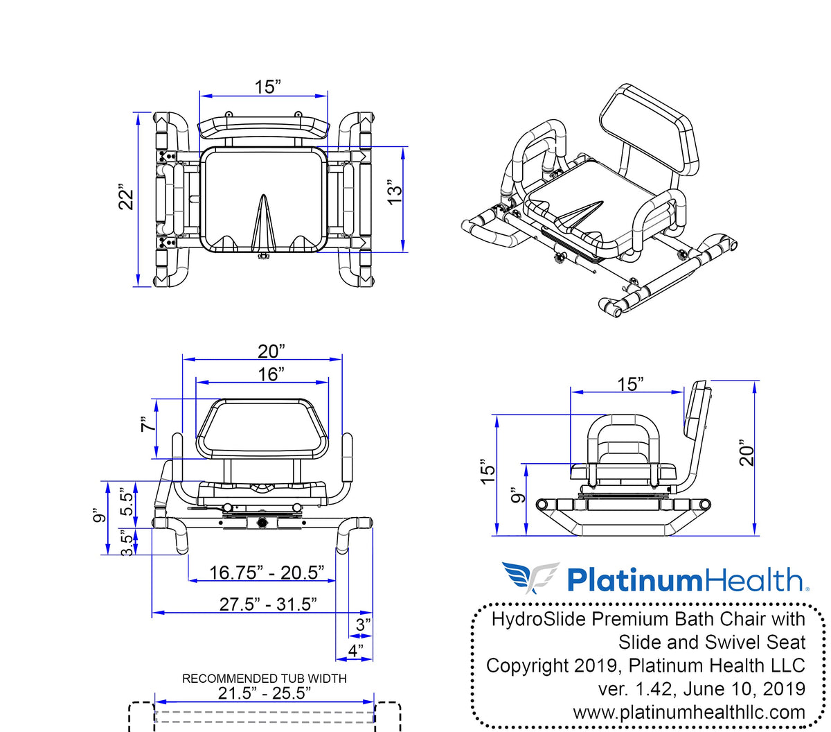 Blue Padded Sliding Shower Chair with Armrests U821085