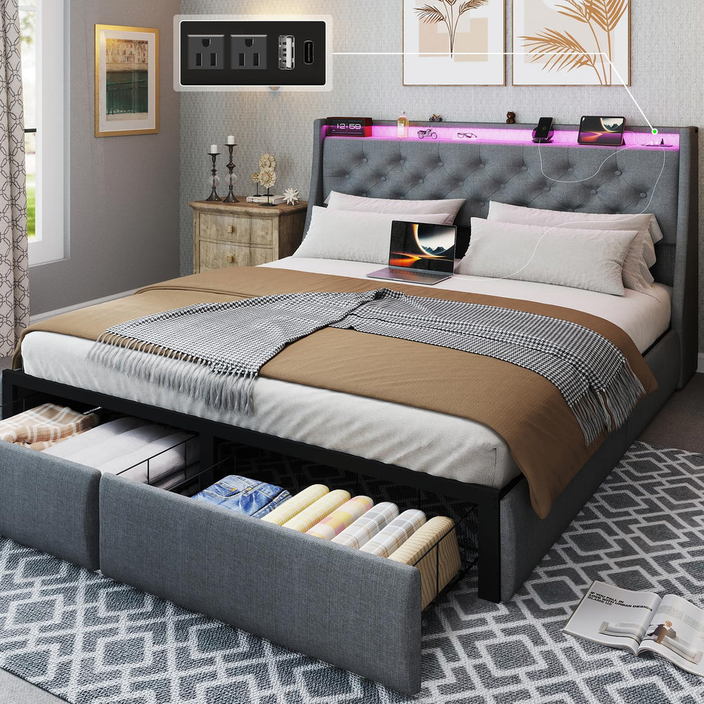 Queen Size Grey Bed Frame with 2 Storage Drawer C317