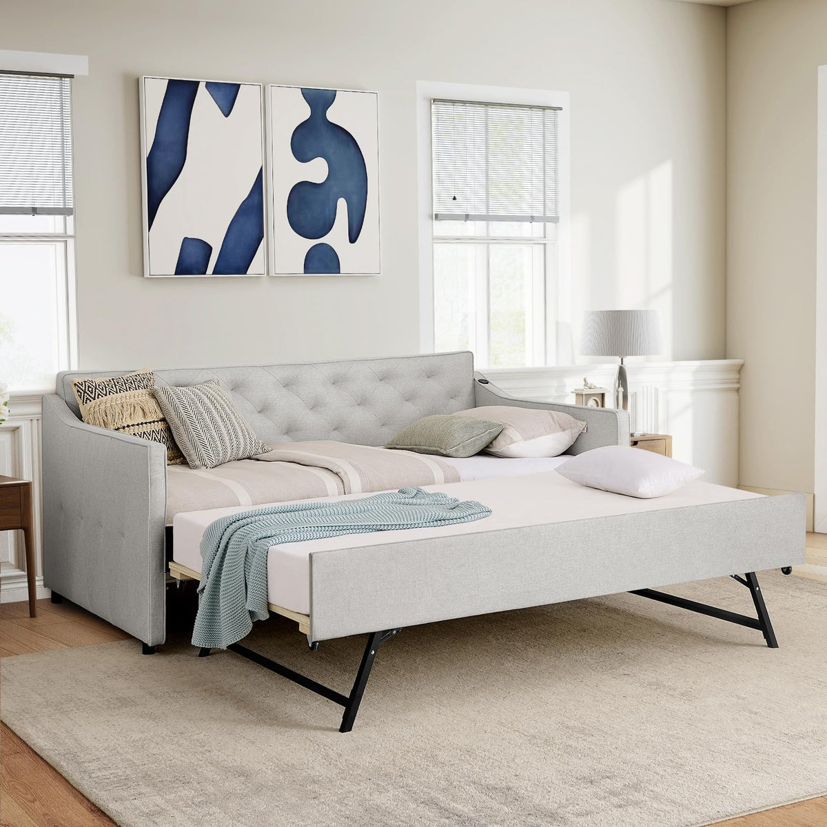 Beige Fabric Upholstered Twin Size Daybed with Pop up Trundle F323706