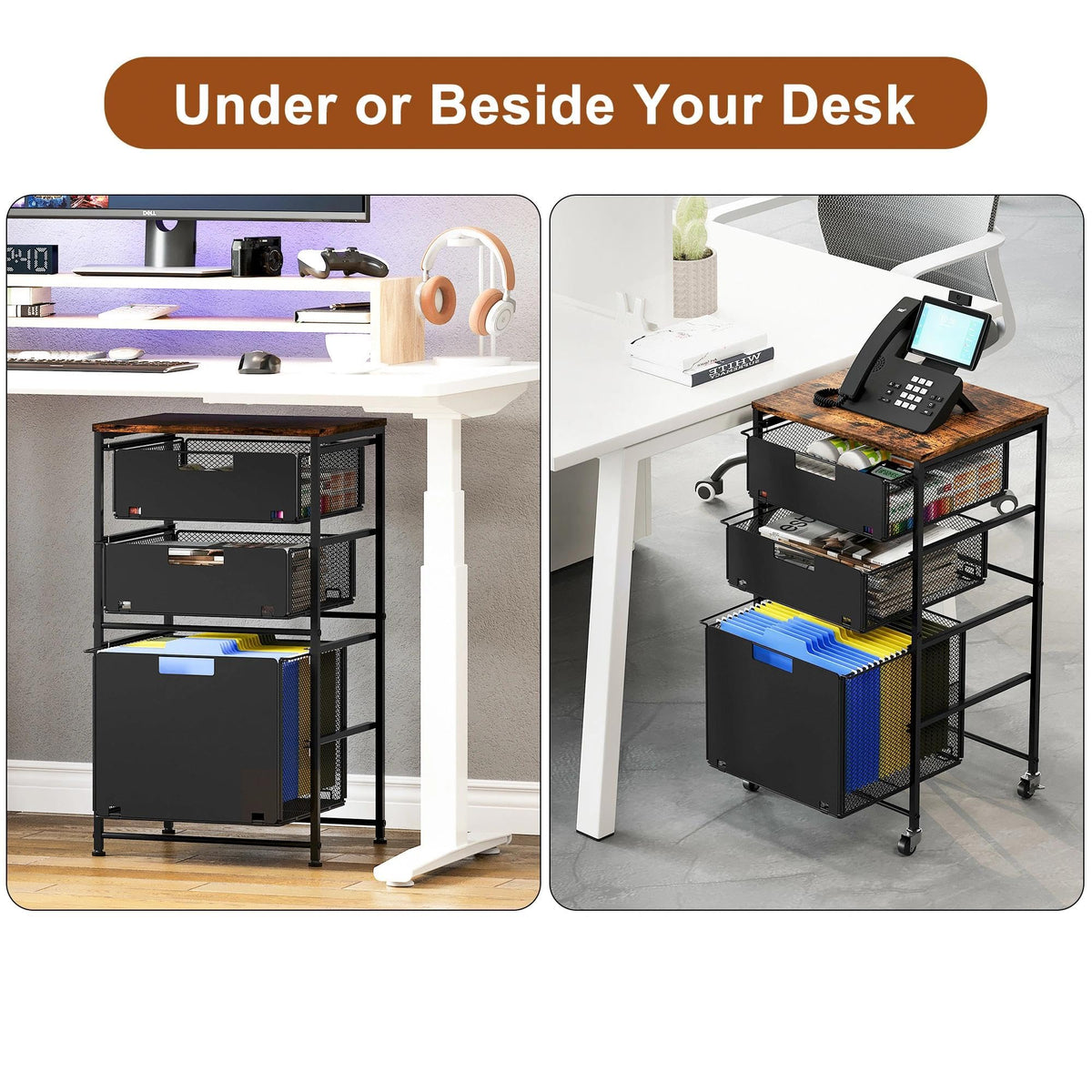 Black 3 Drawer Rolling File Cabinet with Printer Stand F806