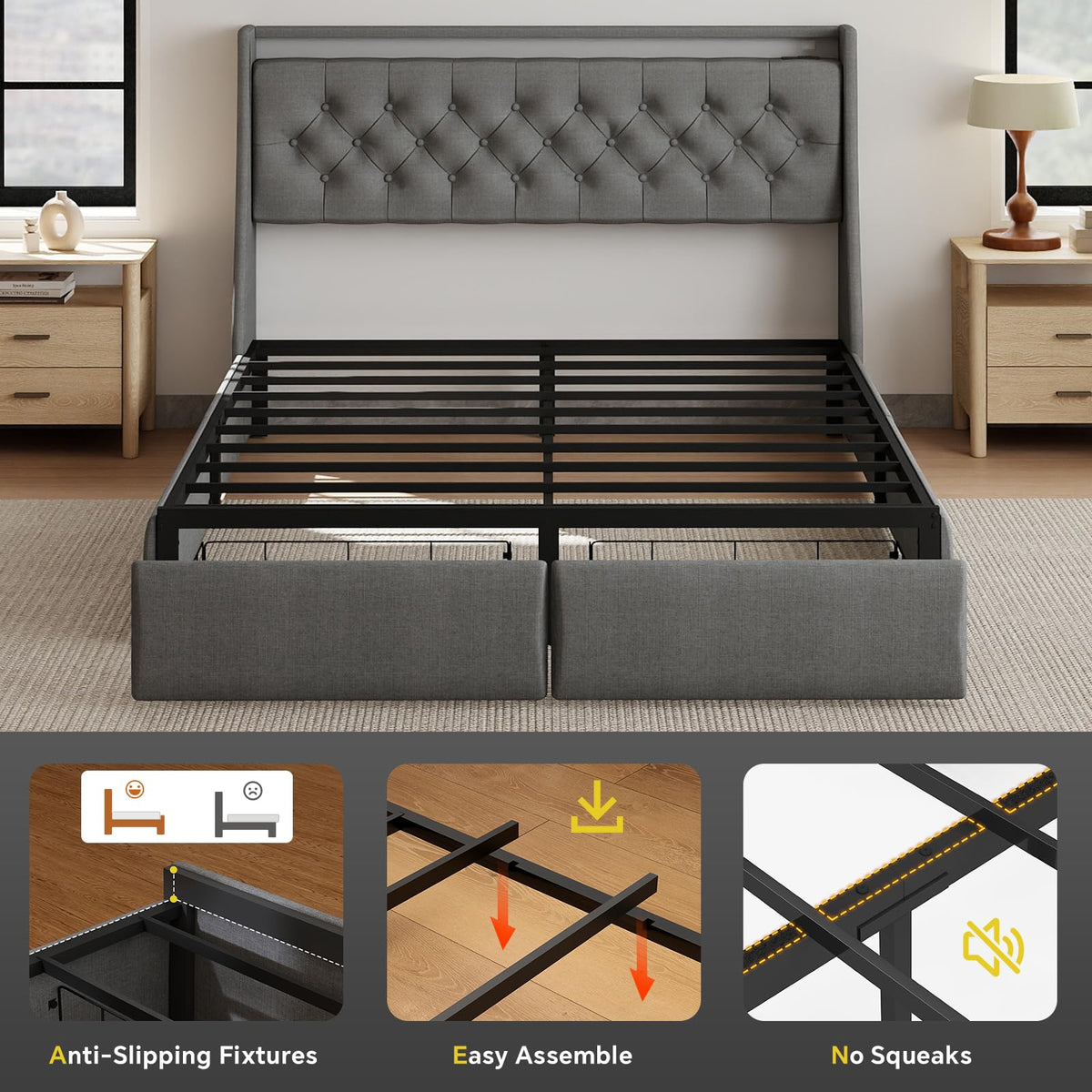 Queen Size Grey Bed Frame with 2 Storage Drawer C317