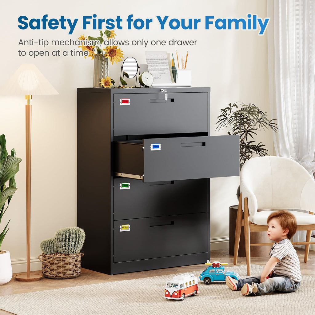 4 Drawer File Cabinet with Lock, Black P65262