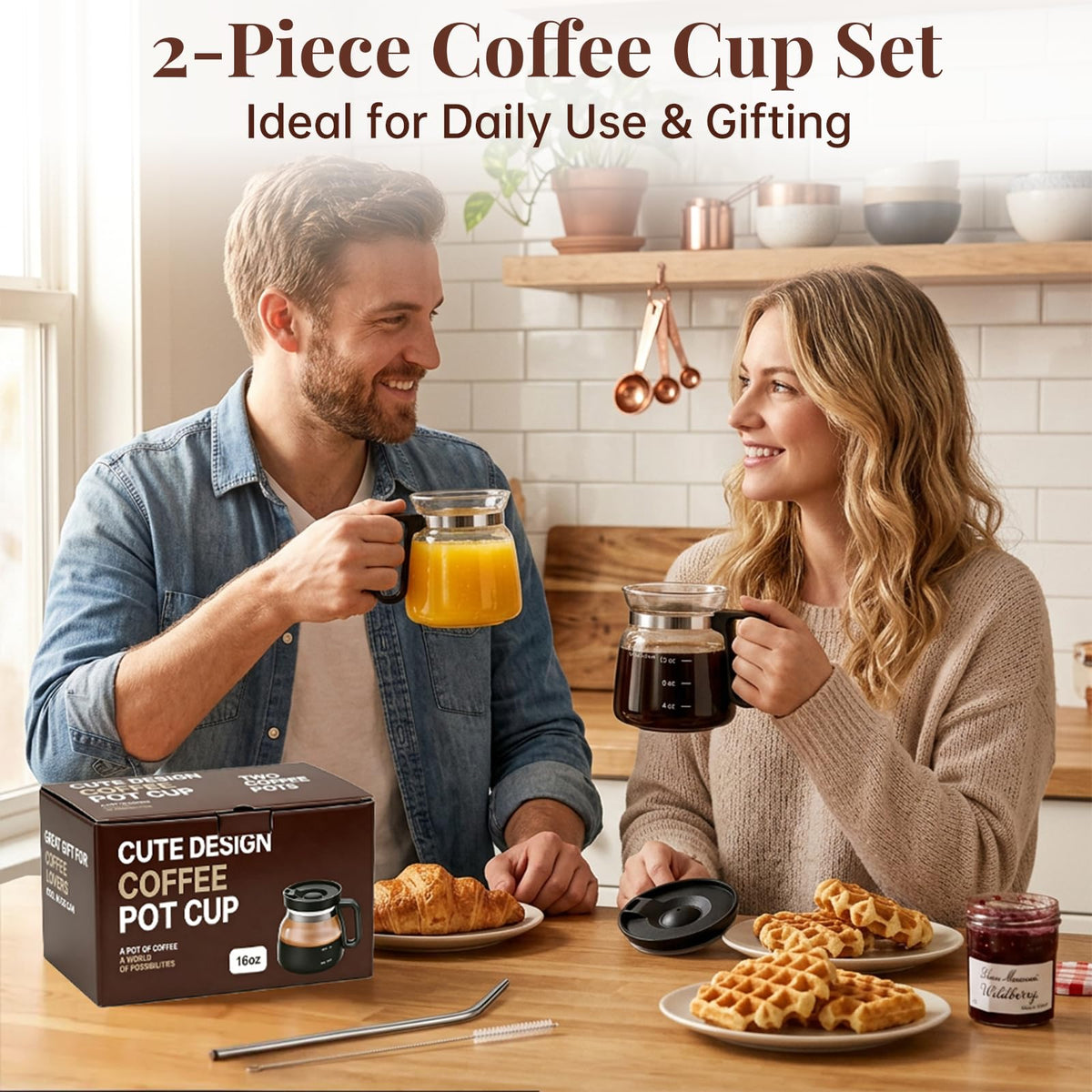 2 Pack 16oz Clear Glass Coffee Mug with Lid and Straw Q914