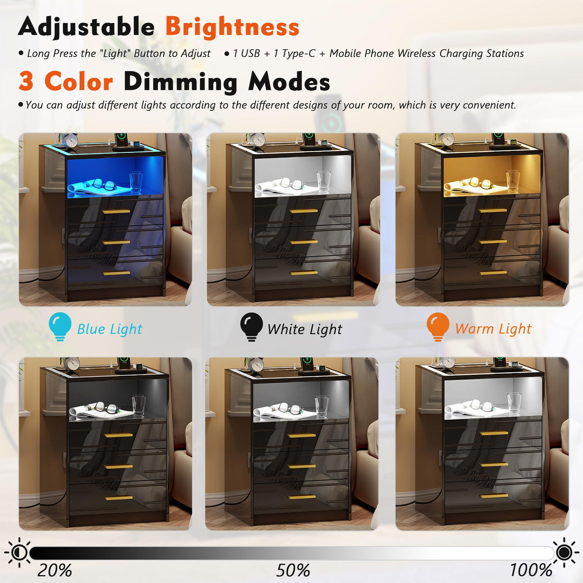 Black Glass Top 3 Drawer Nightstand with Wireless Charging S43133