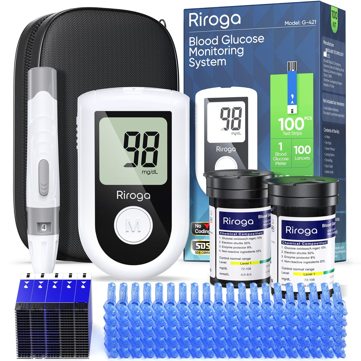 Blood Glucose Monitor Kit with 100 Strips, 100 Lancets, Lancing Device, No Coding O13478