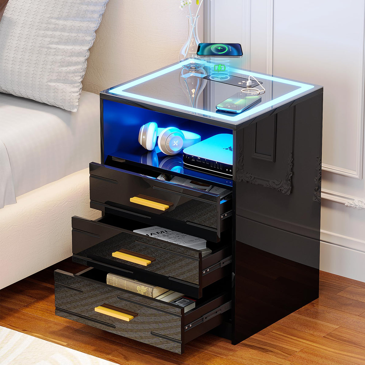 Black Glass Top 3 Drawer Nightstand with Wireless Charging S43133