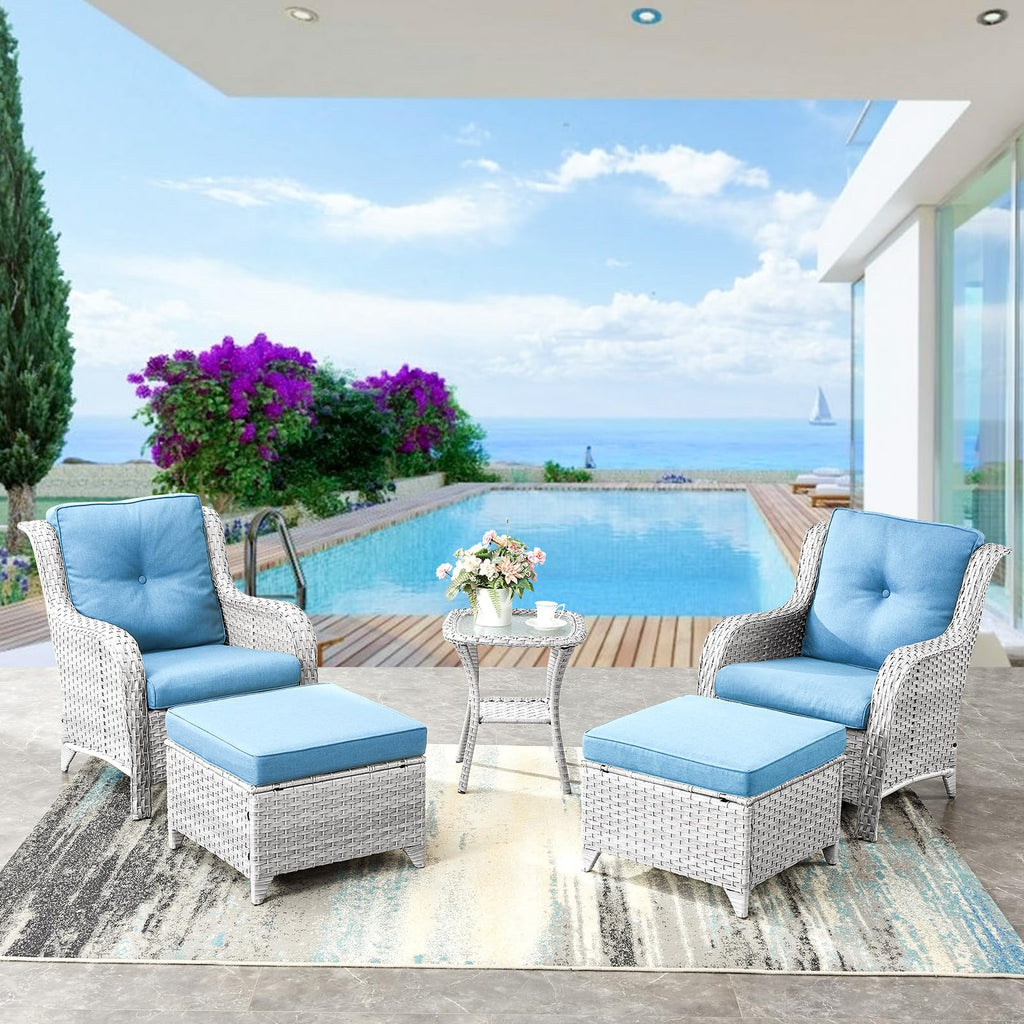 Wicker Outdoor Ottomans Set of 2 Handwoven Rattan Footstools with Removable Cushions Y772