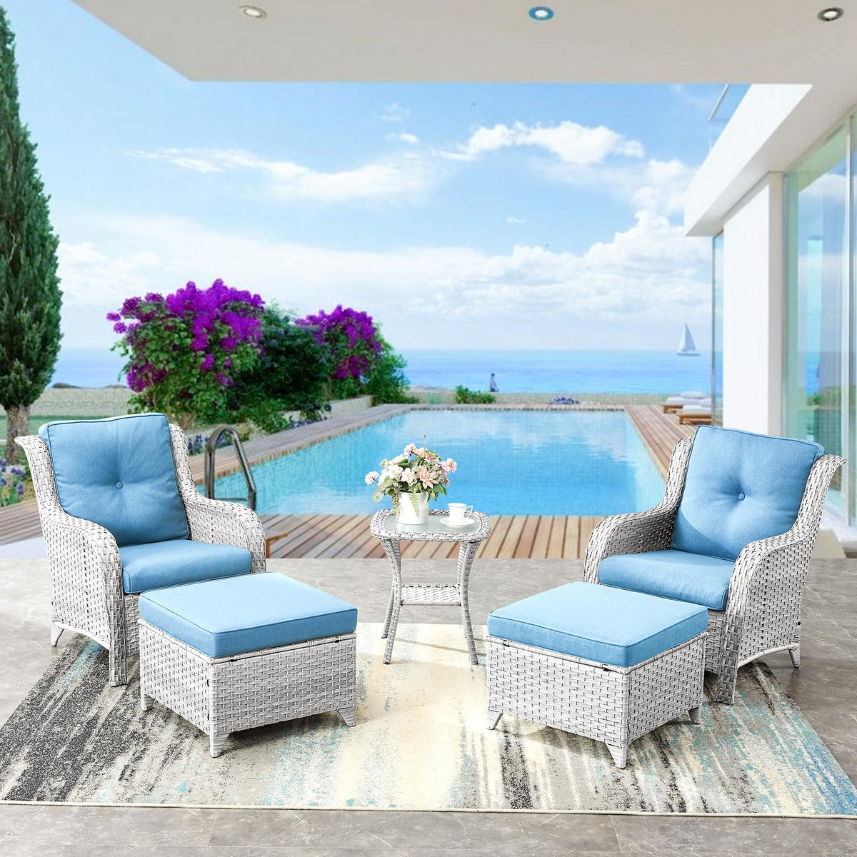 Wicker Outdoor Ottomans Set of 2 Handwoven Rattan Footstools with Removable Cushions Y772