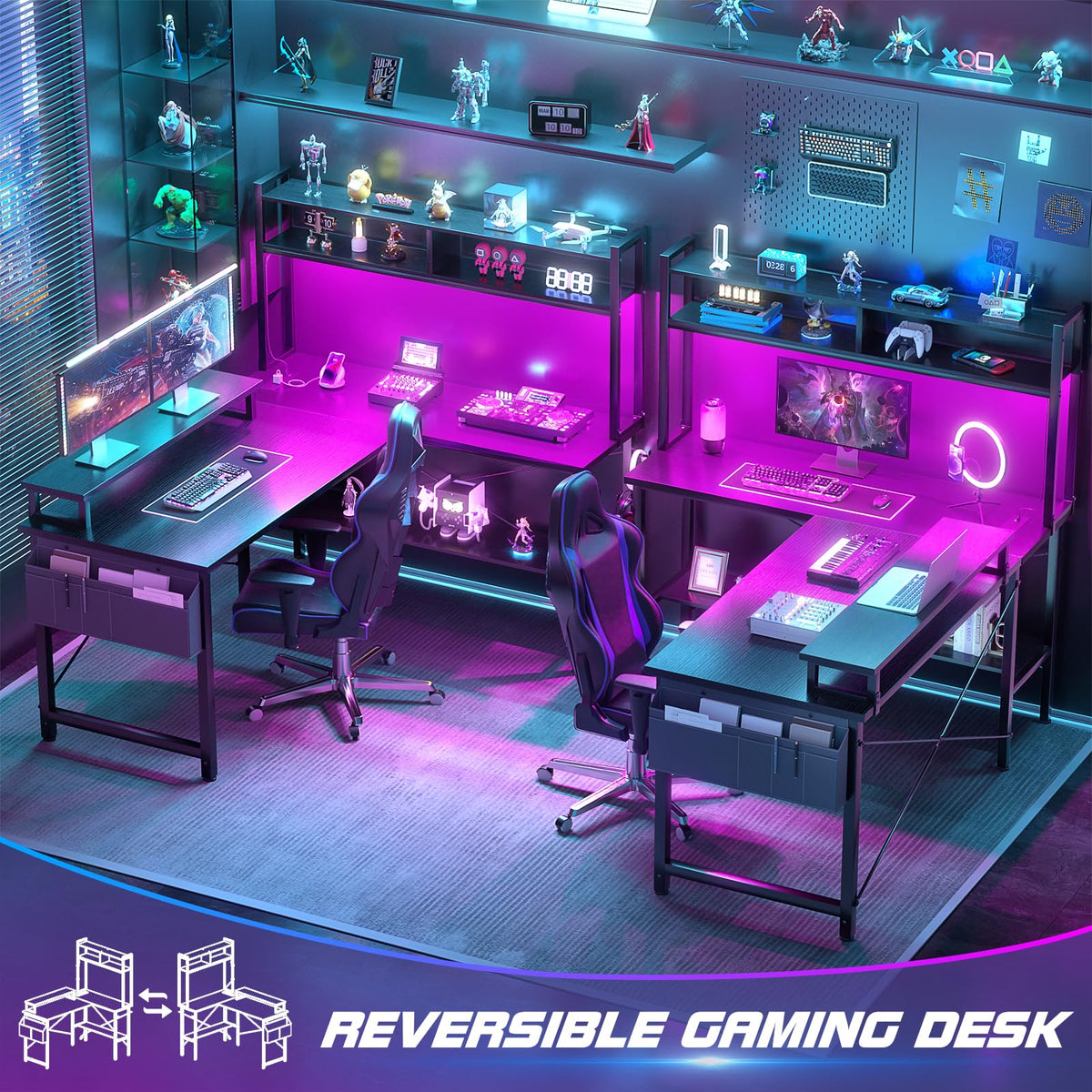 L Shaped Gaming Desk with Power Outlets & LED Lights, Black W33083