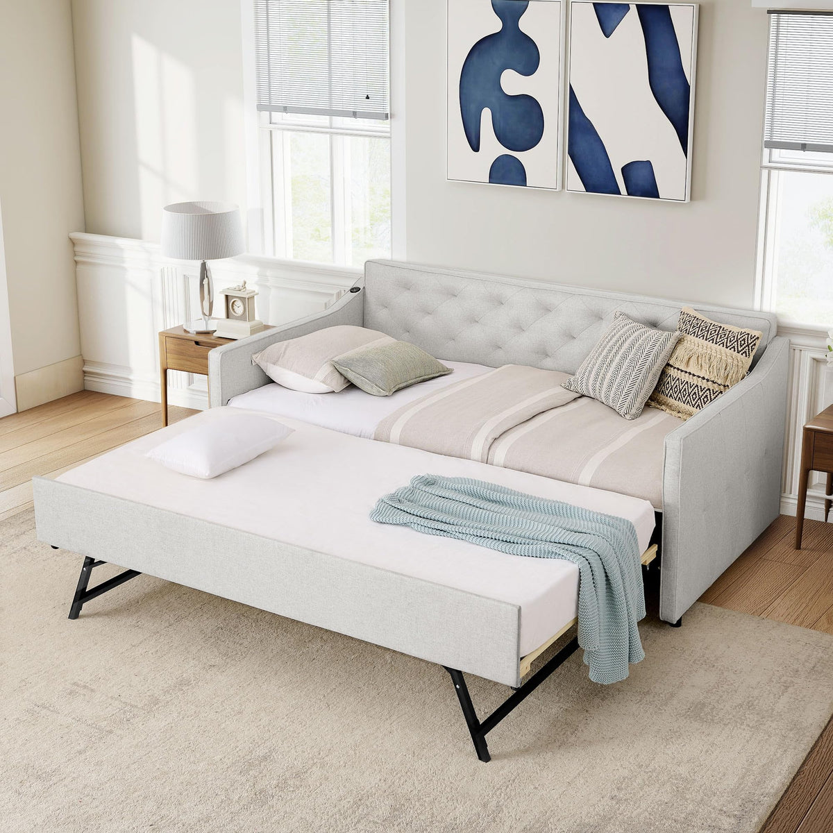 Beige Fabric Upholstered Twin Size Daybed with Pop up Trundle F323706