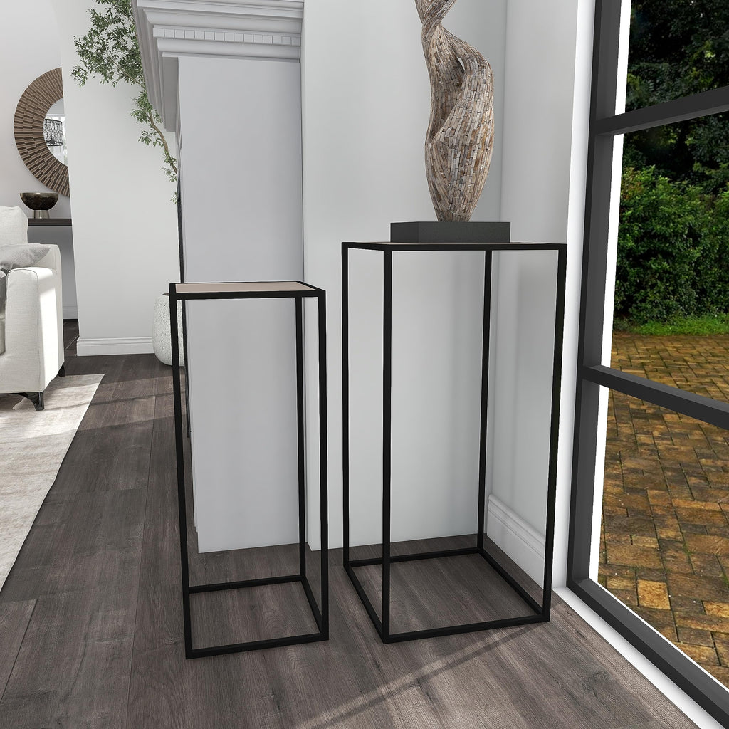 Black Metal End Table with Brown Wood Tops, Set of 2 P3619