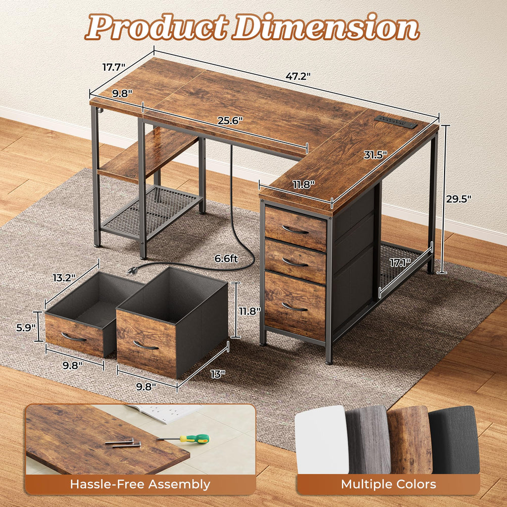 47.2'' L Shaped Office Desk with 3 Drawers N793447