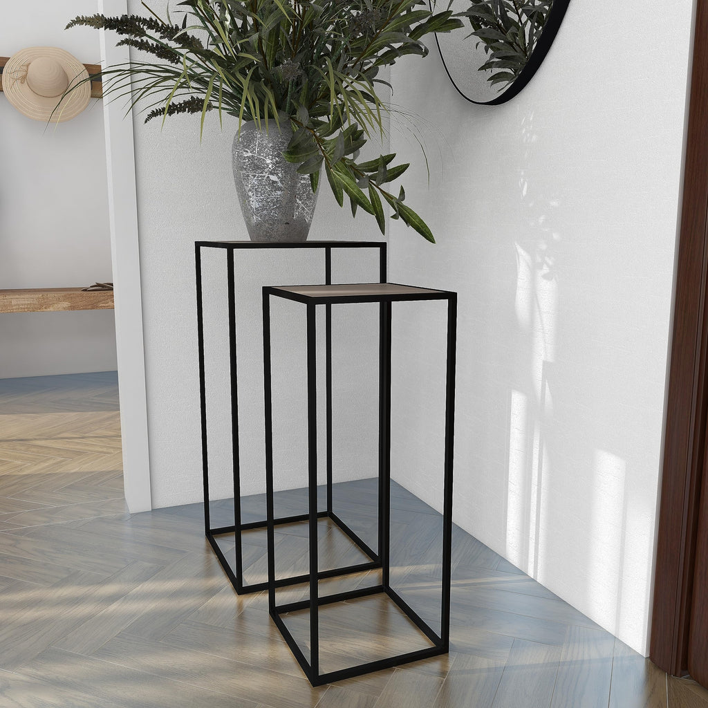 Black Metal End Table with Brown Wood Tops, Set of 2 P3619