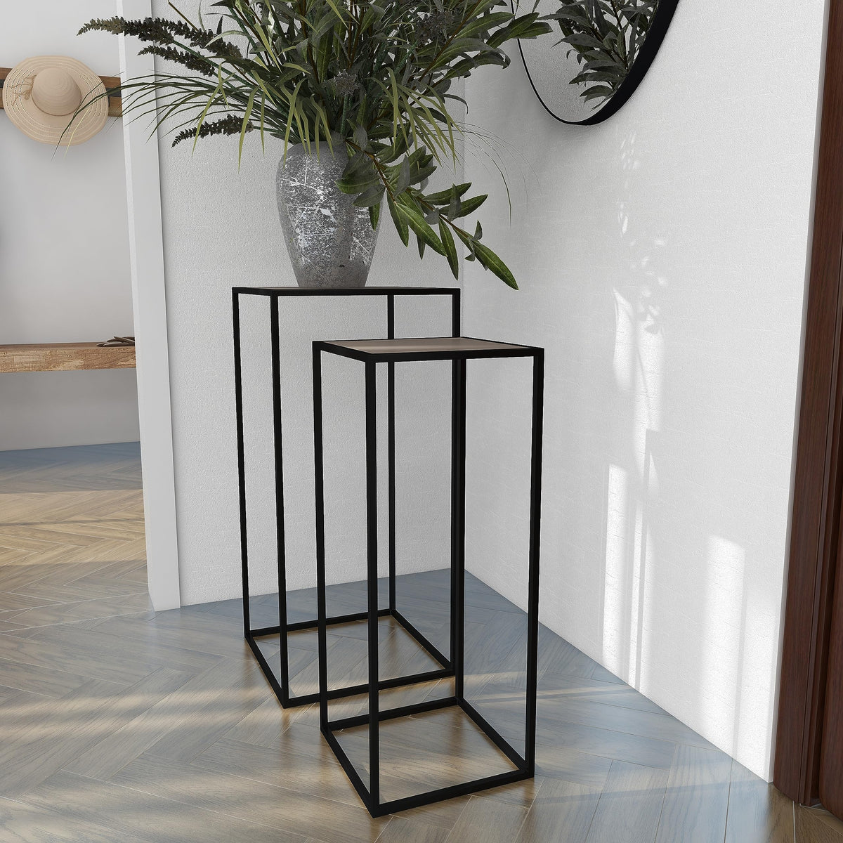 Black Metal End Table with Brown Wood Tops, Set of 2 P3619